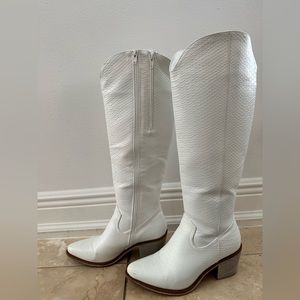 White leather snakeskin knee high boots